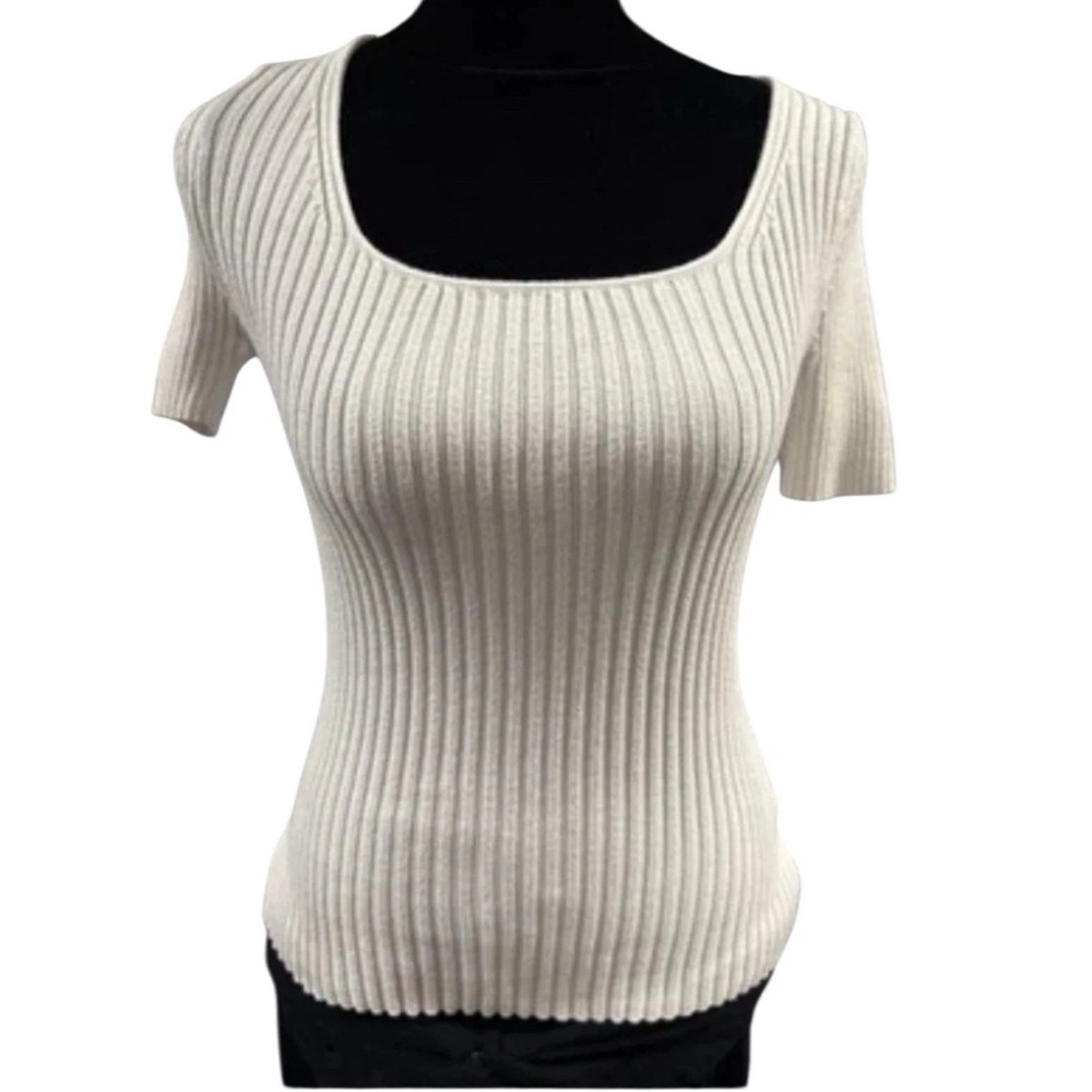 Zesica Cream Ivory Ribbed Knit Top S Square Neck Short Sleeve Stretchy Basic Tee - Picture 2 of 8